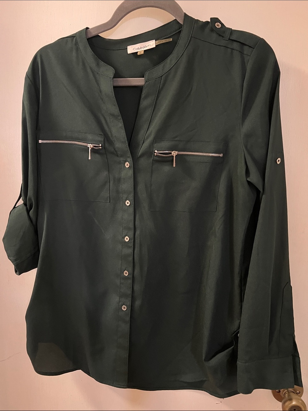 Calvin Klein Forest Green Button-Front Zip Pocket Blouse